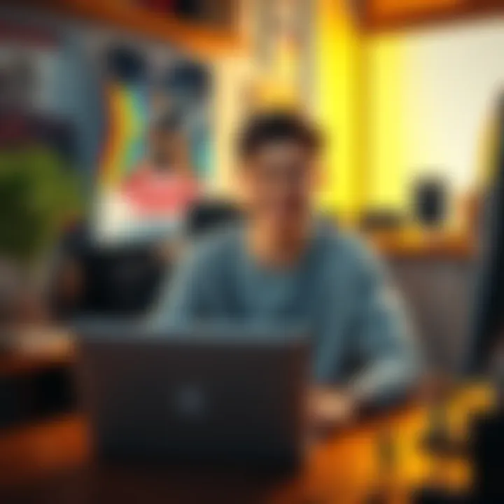 Alex, a young GameMaker developer from Russia, smiles while sitting at his desk with a laptop, surrounded by indie game posters and anime figures, looking for a friend to connect with internationally.