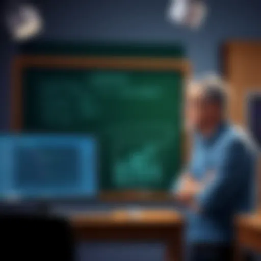 A frustrated teacher outlines collision code on a chalkboard while a GameMaker interface is visible on a computer screen. The teacher looks puzzled, and a maze graphic is shown as an example of the ga...