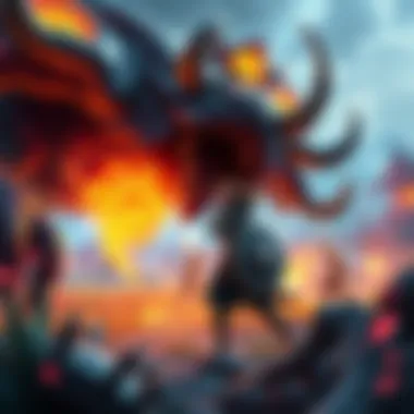 A scene showcasing a hero character fighting against a fantasy creature in a vibrant game world with magical elements.