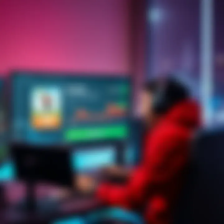 A gamer excitedly purchases a new video game using earnings from their previous game. The scene shows a computer screen displaying the game purchase page with a visible profit graph.