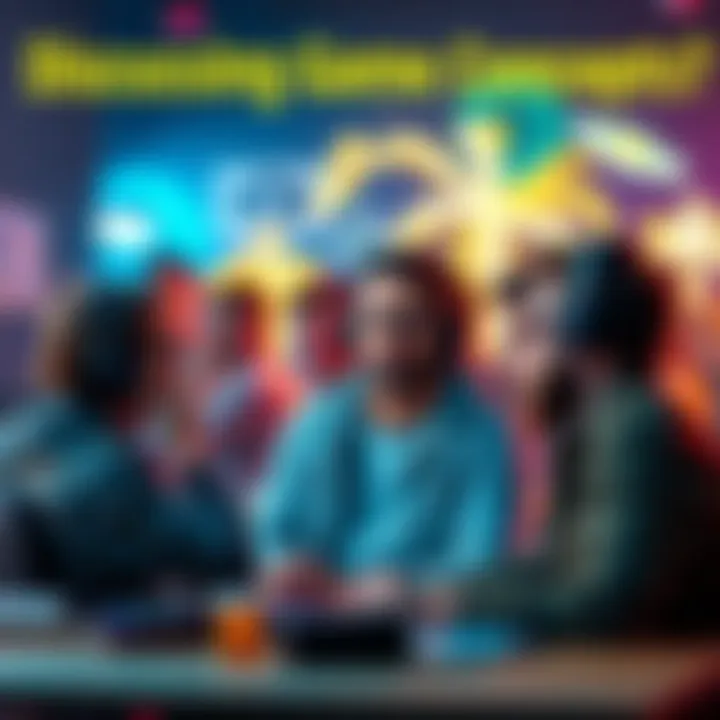 A gamer talking with friends about a new game concept, showing mixed reactions and expressions