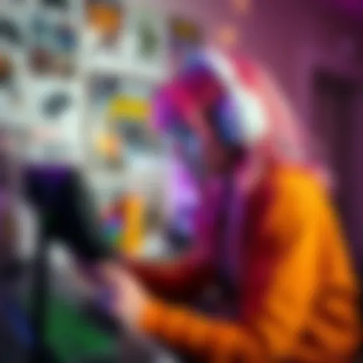 A young woman with colorful hair wearing headphones, focused on playing a video game on her console. She is surrounded by gaming posters and snacks, with a playful and energetic vibe.