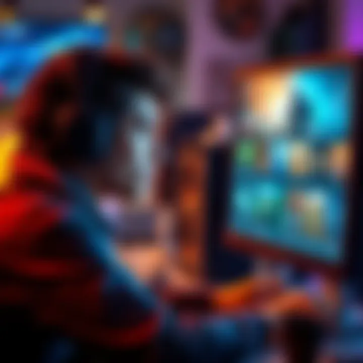 A gamer looking at a computer screen displaying various MMORPG options, appearing thoughtful and engaged.