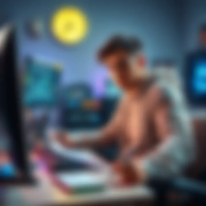 A young man sitting at a computer desk, drawing game concepts and taking notes, inspired to create a gaming studio.