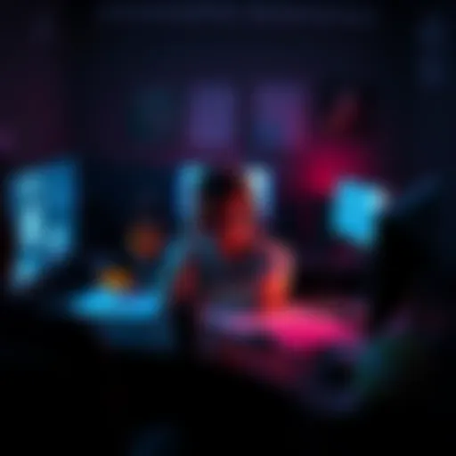 A gamer sits at a desk in the dark, surrounded by sketches and notes of game ideas, looking inspired and restless while a computer screen glows in the background.