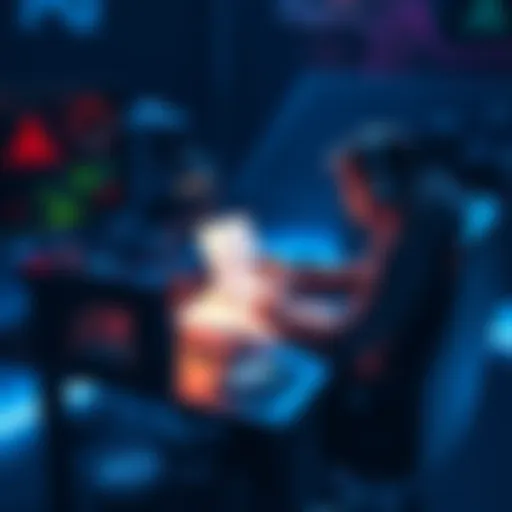 A gamer sitting at a desk with sketch notes and a laptop, brainstorming ideas for a new game prototype