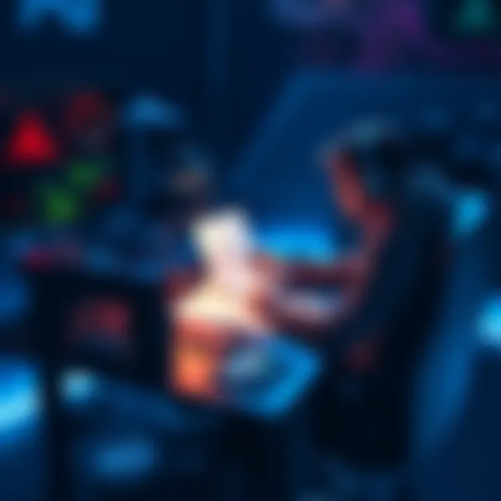 A gamer sitting at a desk with sketch notes and a laptop, brainstorming ideas for a new game prototype