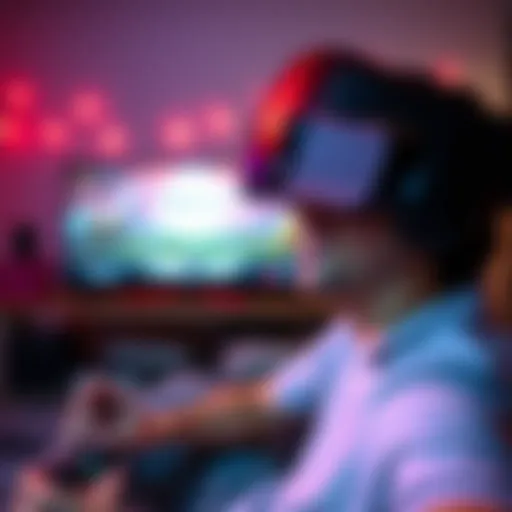A person wearing a VR headset, looking excited while playing a first-person game in a cozy gaming setup, with the game Tenkemo visible on the screen.