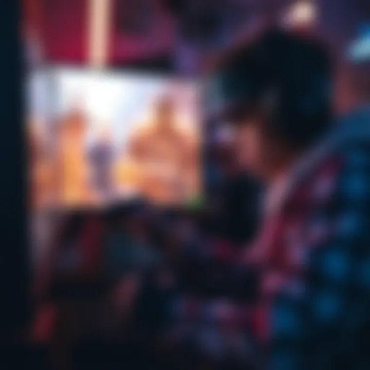 A gamer intensely controls a first-person shooter game on a computer, showcasing the excitement of competitive play.