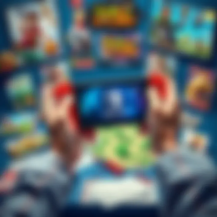 A person holding a Nintendo Switch, focused on the screen, surrounded by puzzle game artwork and notes