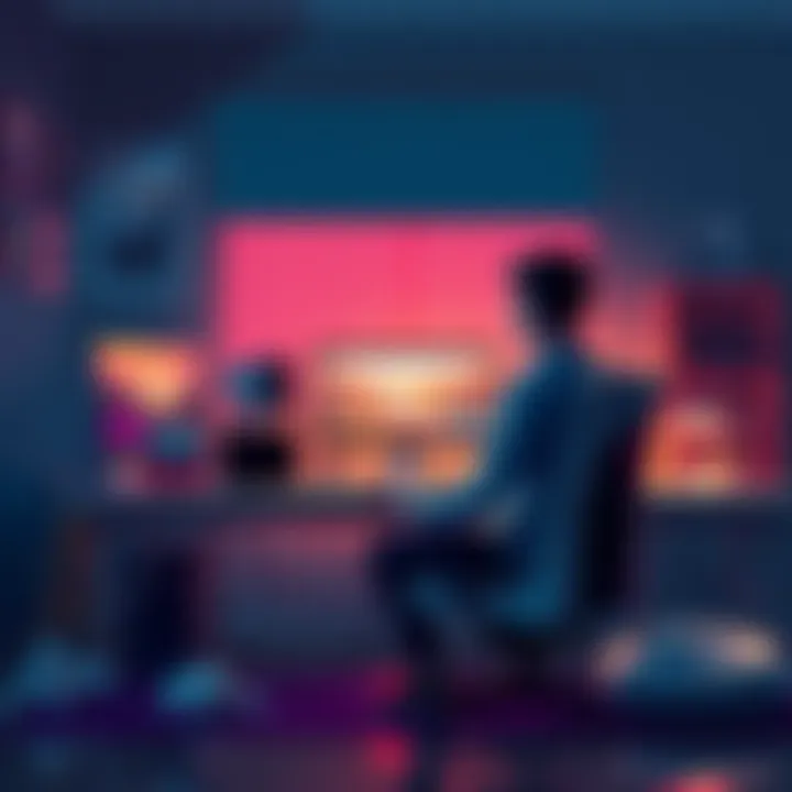 A gamer sitting alone at a desk with a gaming setup, looking thoughtful while surrounded by signs of personal loss like family photos and an empty dog bed.