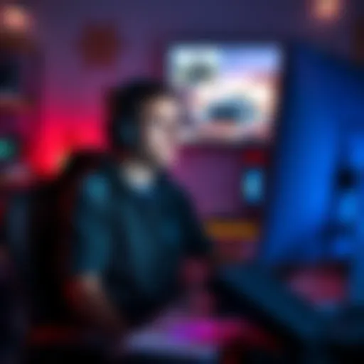 Gamer Sharing Sales Links A gamer sitting at a desk, looking frustrated as he reads comments on his computer screen, surrounded by gaming gear.