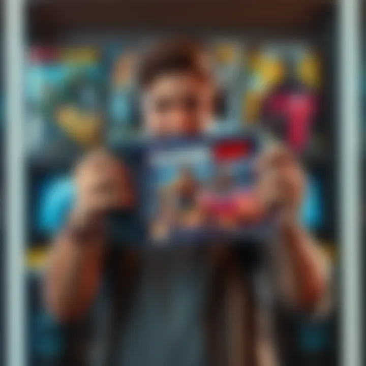 Gamer holding a unique game A gamer enthusiastically showing off a lesser-known video game, highlighting its intriguing cover art, with a backdrop of gaming consoles and posters.