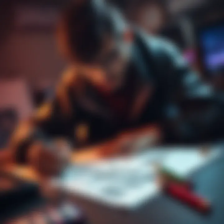 A gamer drawing a new RPG concept highlighting personality traits and character development on paper.