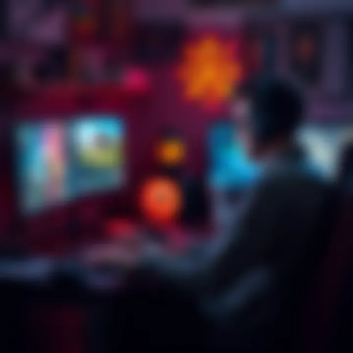 A focused game developer sitting at a desk, coding on a laptop with game graphics on the screen, surrounded by gaming memorabilia