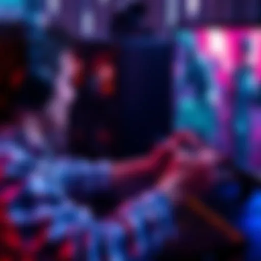 A person focused on a computer screen gaming, using WASD keys for movement while reaching for hotkeys on the keyboard.