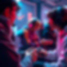 A group of gamers interacting with lifelike non-player characters in a video game, showcasing rich dialogues and dynamic responses.