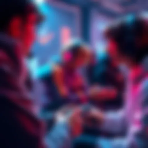 A group of gamers interacting with lifelike non-player characters in a video game, showcasing rich dialogues and dynamic responses.