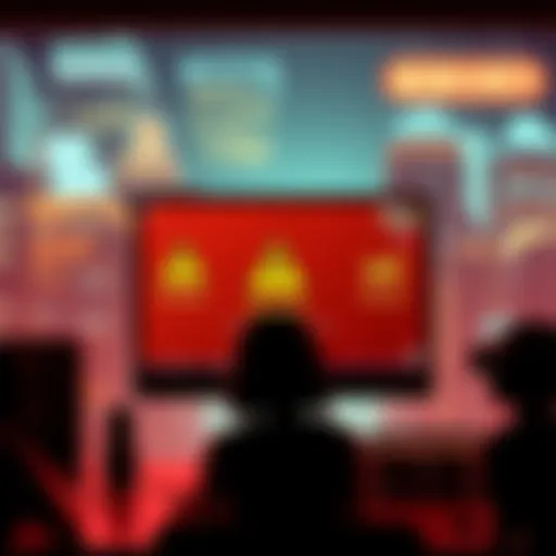 A visual representation of a GTA V cheat service hack, showing a computer screen with warning signs and a silhouette of gamers looking concerned.