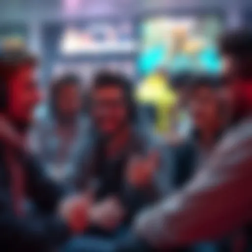 A group of gamers discussing skill-based matchmaking in a casual environment, showing mixed reactions and emotions.