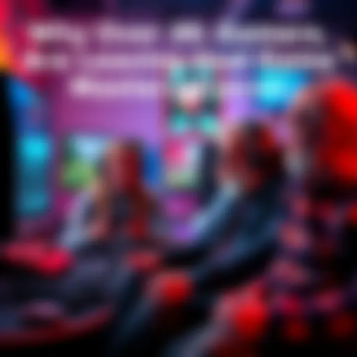 A group of older gamers discussing their favorite video games, looking frustrated with game pacing and design, surrounded by gaming consoles and screens.