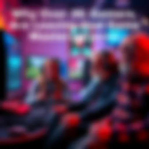 Gamers Playing Modern Video Games A group of older gamers discussing their favorite video games, looking frustrated with game pacing and design, surrounded by gaming consoles and screens.