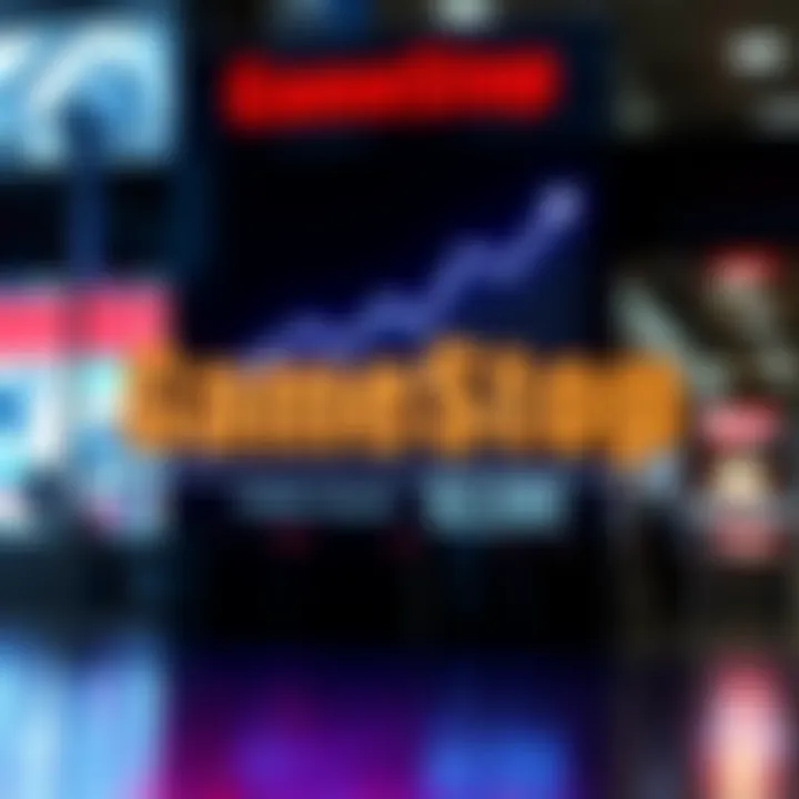GameStop logo with a chart showing a revenue increase and a graphic representing a share buyback