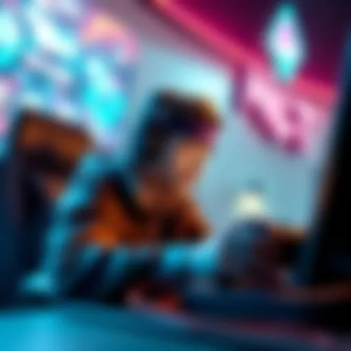 A gamer intensely focused on playing Wild Rift, surrounded by colorful graphics and action on screen.