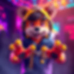 A gaming character featuring unique paws instead of hands, showcasing bright colors and a playful design.
