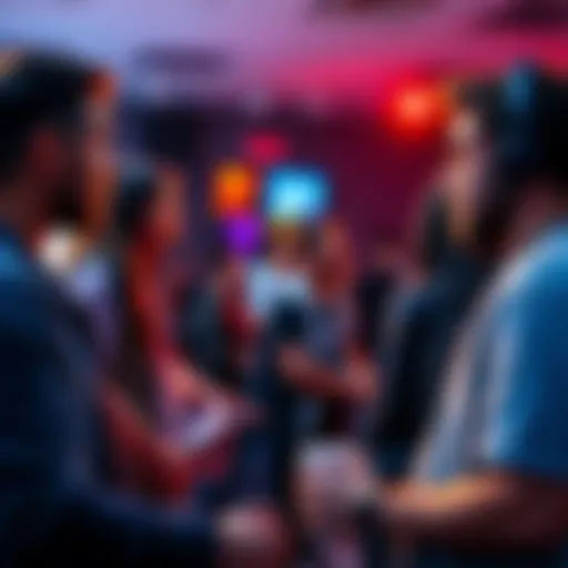 A group of people engaged in a lively discussion about various video games at a local gaming event.