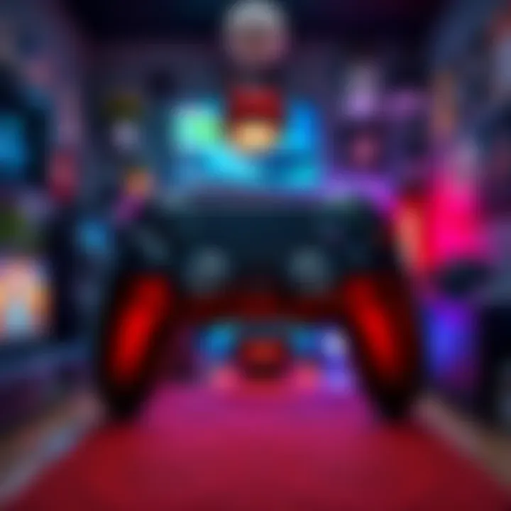 A creative setup showing a gaming controller transformed into a room filled with gaming gear and decorations, enhancing the gaming experience.