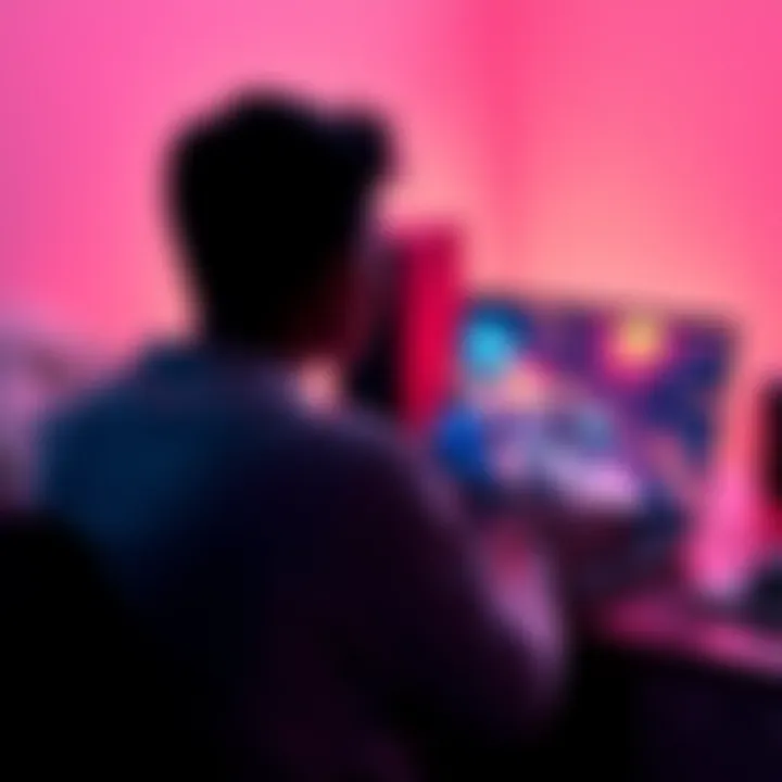 A person sits at a desk, focused on a gaming laptop screen displaying semi-realistic character images generated by Stable Diffusion.