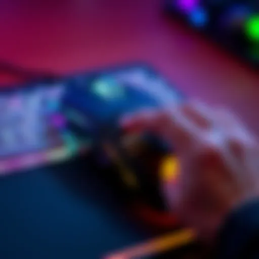 A close-up of a G502X gaming mouse showing customized keybinds, with a hand adjusting the settings while playing a game.