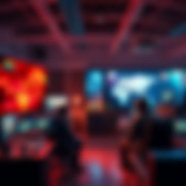 A vibrant scene showing game developers discussing ideas in a modern studio filled with technology and art, symbolizing the growth of the gaming industry.