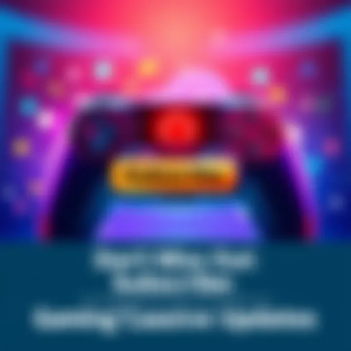 A vibrant graphic showing a gaming controller with notification icons and a subscribe button, symbolizing exclusive updates for gamers.