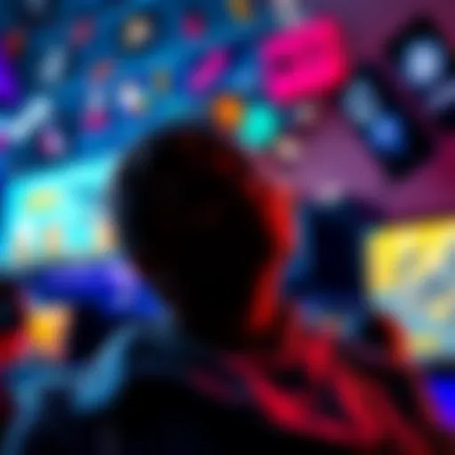 A person reviews their gaming Wishlist while preparing for Steam Next Fest with excitement and gaming icons in the background.