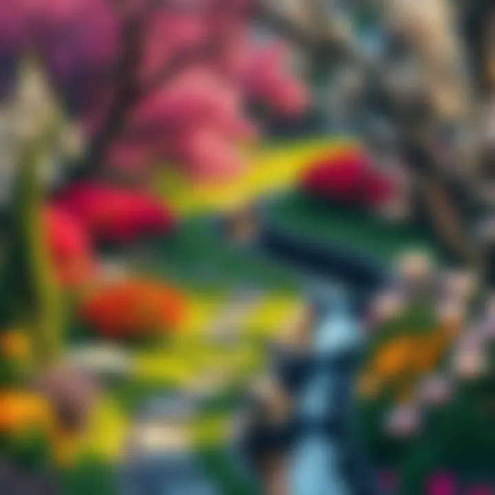 A serene garden with vibrant flowers, a winding path, and a gentle stream, symbolizing themes of love and reflection.