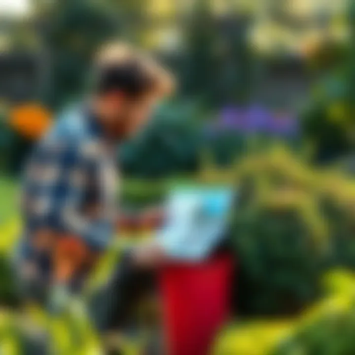 Gardener examining tutorial bush A person inspecting a bush in a garden, looking at a tutorial guide, with gardening tools nearby.