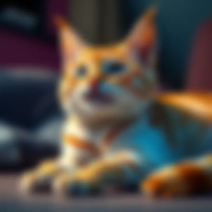 A playful cat with garlic bread features, lounging happily.