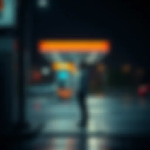 A gas station attendant stands alone at the counter under dim lights, reflecting on quiet moments while cars pass by outside.