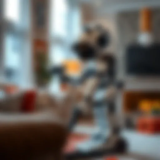Gatsby, a humanoid robot, cleaning a living room with a vacuum in its hands