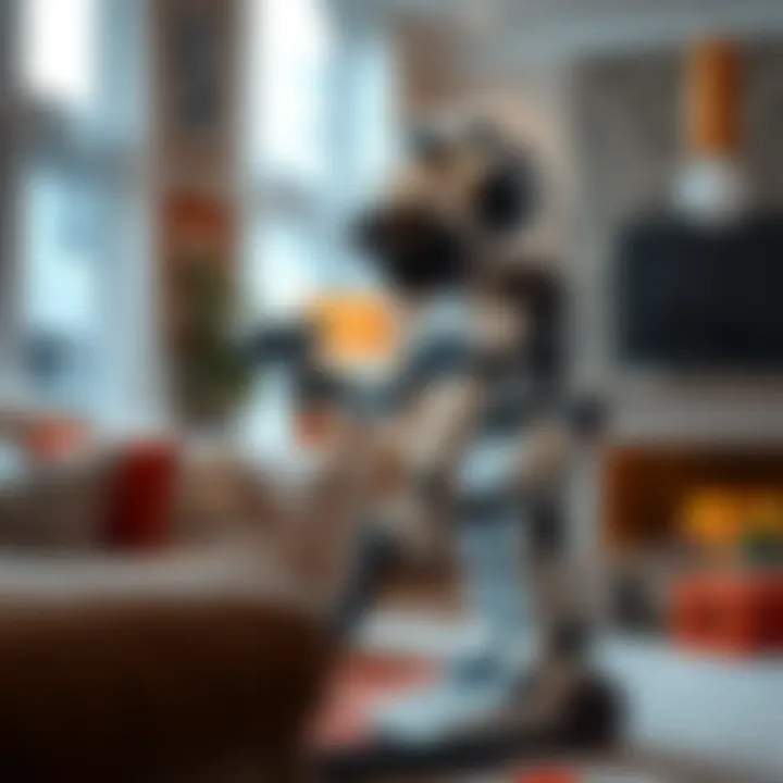 Gatsby, a humanoid robot, cleaning a living room with a vacuum in its hands