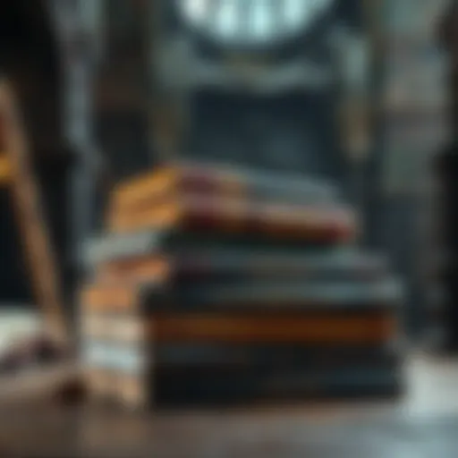 A stack of old, weathered books representing the works of Gehn with a background of the D'ni library