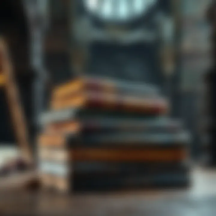 A stack of old, weathered books representing the works of Gehn with a background of the D'ni library