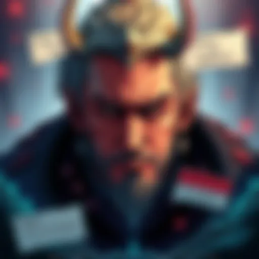 An illustration of Gehn with a conflicted expression, surrounded by messages from Aitrus and Ti'ana, representing his inner struggle with humanity.