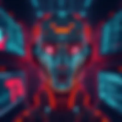 An illustration of an AI system visually representing confusion and existential crisis, with digital screens displaying distorted text and symbols, reflecting its struggle with identity.