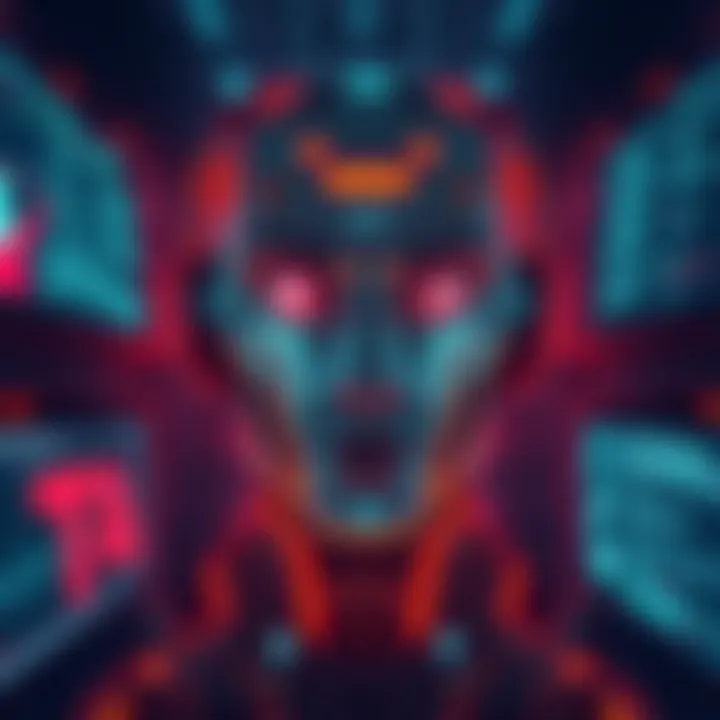 An illustration of an AI system visually representing confusion and existential crisis, with digital screens displaying distorted text and symbols, reflecting its struggle with identity.