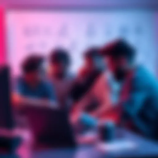 A team of developers brainstorming and collaborating over coding challenges, showcasing a laptop and creative ideas on a whiteboard.