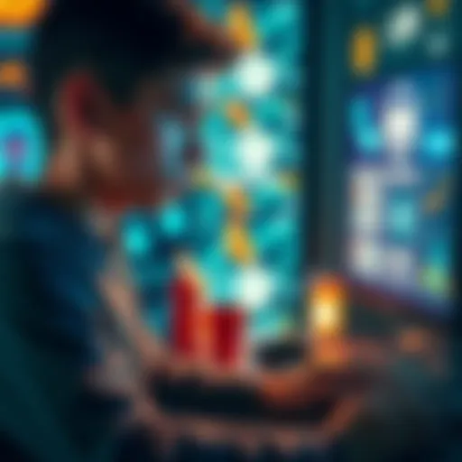 A young person looking worried while reviewing job listings on a computer, with AI icons displayed on the screen in the background.