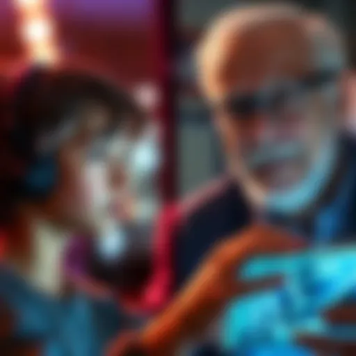 A young person looking concerned about AI compared to an older person happily using technology.